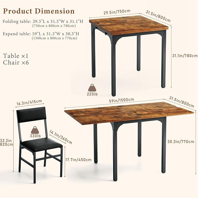 7-Piece Dining Table Set for 4-6, Extendable Kitchen Table Cushion Chairs Set of 6 with 6 Chairs, Rectangle Dining Table with Metal Frame & MDF Board, Folding for Small Apartment Saving Space, Rustic