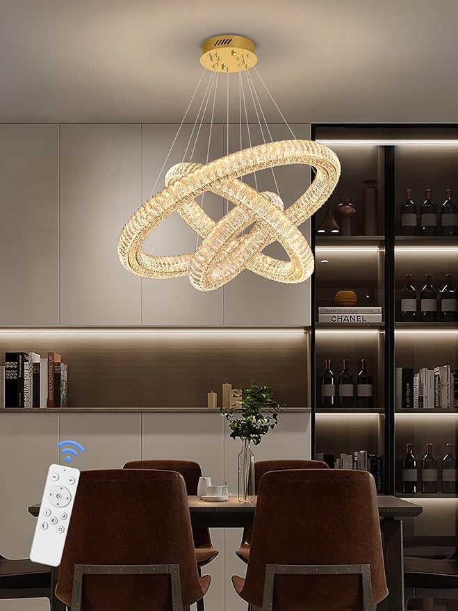 Gold 3 Rings Crystal Chandeliers for Dining Room Foyer High Ceiling 120'' Long Staircase Hanging Pendant Light D16+D24+D32 3000-6000K LED Dimmable