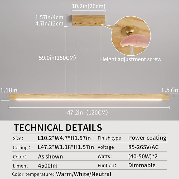 Wooden Linear Pendant Light, 47" Modern Chandeliers for Dining Room, Dimmable Pool Table Island Lights for Kitchen, LED Ceiling Pendant Lamp for Dining Room Billiard Room, Natural Ash