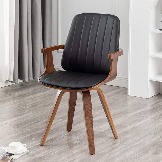 Swivel Dining Chairs, Set of 2 Kitchen Swivel Chairs with Walnut Craftsmanship, Upholstered Faux Leather, Wooden Arms and Legs, Walnut Dining Chairs for Kitchen/Living Room (Black, Swiv)