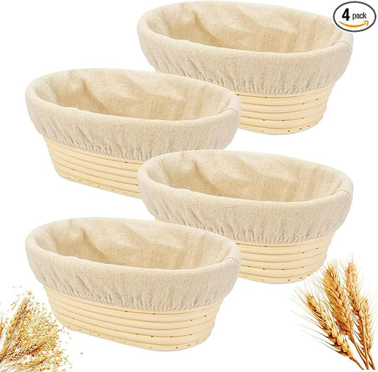 Banneton Bread Proofing Basket - Banneton Basket Set of 4 Pack 8 inch Oval Sourdough Proofing Basket with Liner - Handmade Rattan Proofing Rising Bowl for Artisan Bread Making Baking Supplies