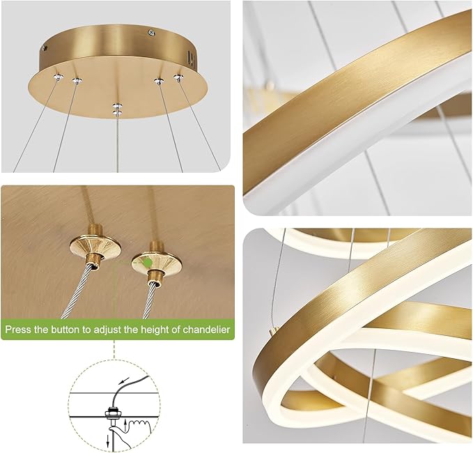 2-Rings Modern LED Chandelier Gold for Dining Room, Circular Flush Mount Ceiling Chandelier Light Dimmable Pendant Light with Remote Control for Living Room Entrance Foyer, 3000K-6500K