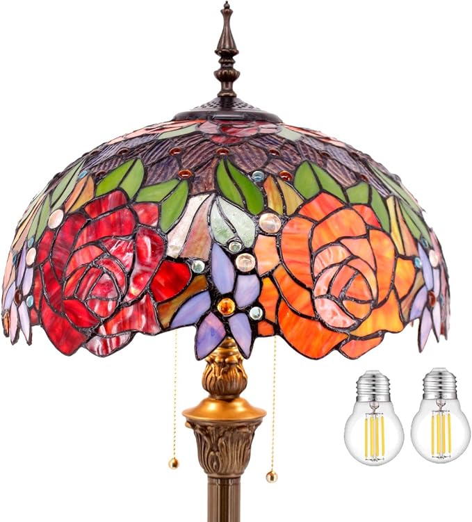 WERFACTORY Tiffany Floor Lamp Red Yellow Rose Stained Glass Standing Reading Light 16X16X64 Inches Antique Pole Corner Lamp Decor Bedroom Living Room Home Office S001 Series