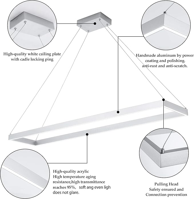 Modern Led Chandelier Linear Rectangle Chandelier Modern Led Pendant Light Kitchen Island Lighting Fixture 6000K Dimmable 39.4” Contemporary Hanging Light for Dining Room Living Room Silver