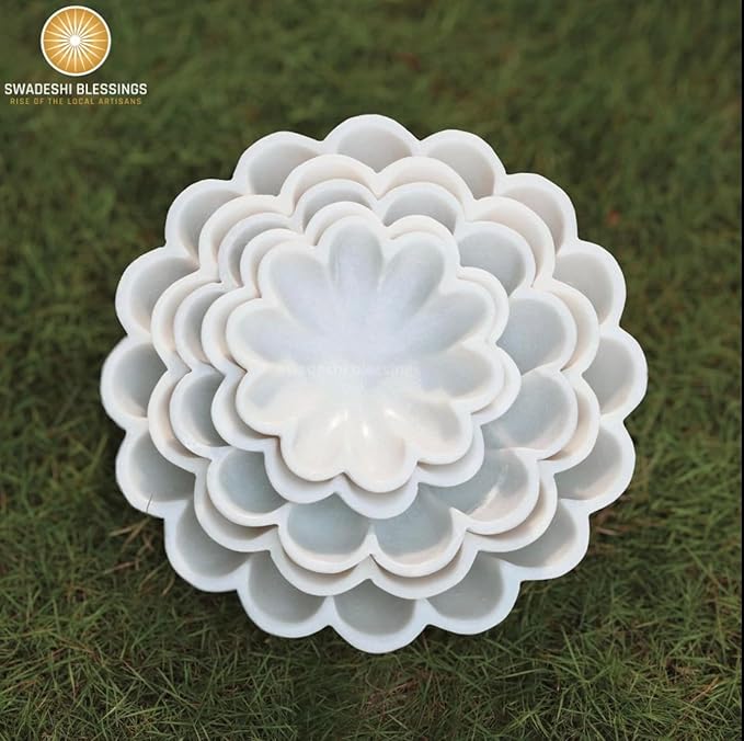 SWADESHI BLESSINGS HandCrafted Marble Decorative Bowl | White Ruffle Scalloped Fluted Key/Fruit Ring Dish | Organic Modern Home Decor (9 Inches)