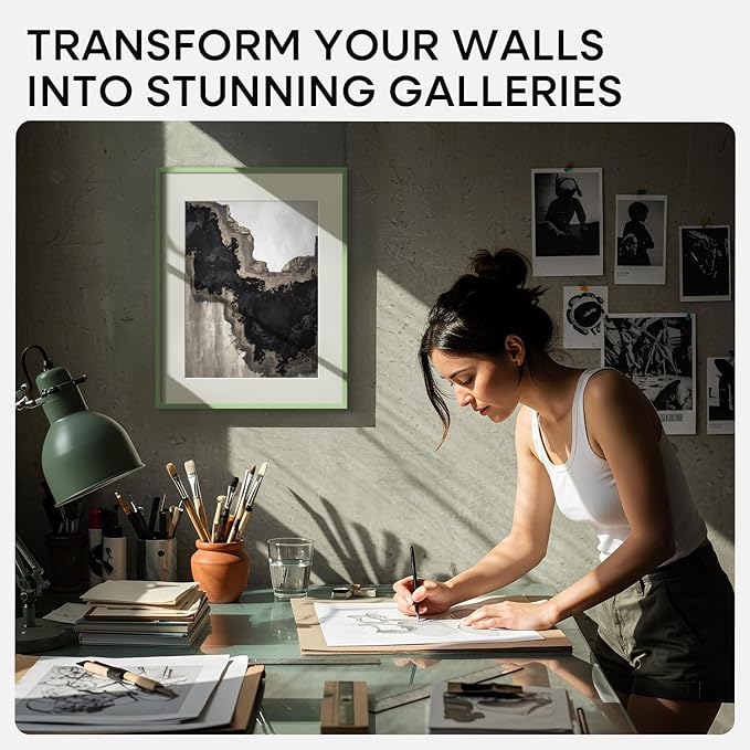 Homeforia 11x14 Picture Frame Sage Green, High End Metal 11x14 Wall Hanging Frame with Mat 8x10, 11 x 14 Poster Frame Matted to 8 x 10 inch Photo, 14x11 Thin Frames, Tempered Glass, Wall Kit, Set of 1