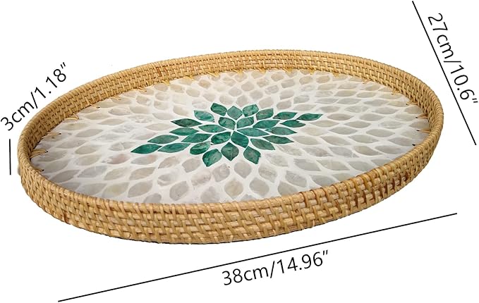 I-LAN 15 Inch Oval Rattan Woven Basket Tray with Beige Green MOP Wooden Base, Boho Wicker Coffee Table Serving Basket Décor with 1.2 Inch Wall, Handmade Display Basket for Countertop, L