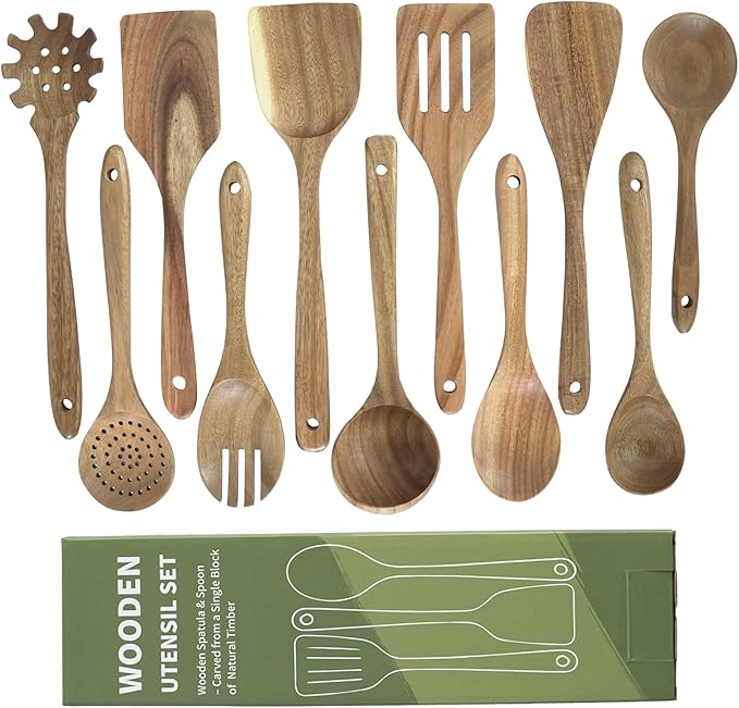 Wooden Utensils, 11 PCS Natural Acacia Wooden Spoons & Kitchen Utensils Set, Non-Stick Spatula Ladle Serving Spoon for Baking Stirring Cooking