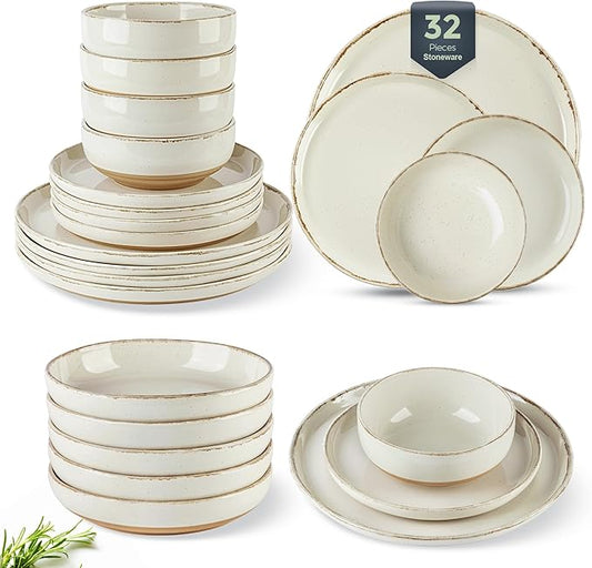 AmorArc 32 Pieces Ceramic Dinnerware Sets for 8, Handpainted Plates and Bowls Set with Rustic Terracotta Underside, Scratch Resistant Stoneware Dishes Set, Dishwasher & Microwave Safe, Light Beige
