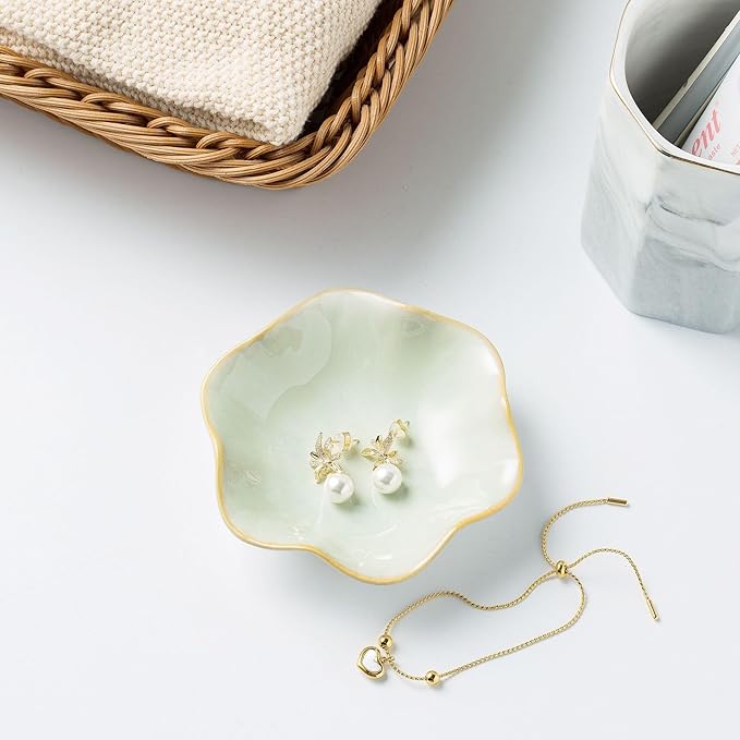 Ceramic Trinket Dish, Ring Tray, Decorative Jewelry Dish, Decoration Plate for Earrings, Rings, Jewelry Dish Holder, Key Bowl, Trinket Tray, Earring Holder for Women (Lotus leaf green)