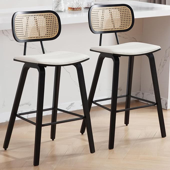 Counter Height Bar Stools Set of 2, 26" PU Leather Upholstered Rattan Barstools, Mid Century Modern Bar Chairs with Black Wood Legs, Armless Walnut Kitchen Island Dining Bar Chair, White