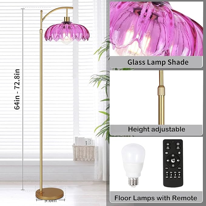 Floor Lamp for Living Room,Bedroom,Gold Dimmable Standing Lamp with Remote,Mid Century Modern Brass Tall Lamp Retro Vintage Purple Glass Lamp Floor Light Boho Bohemian