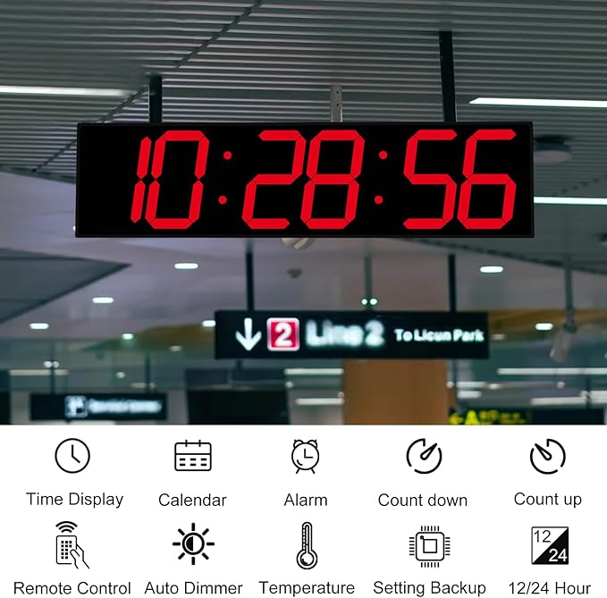 28.5in Double Sided Digital Wall Clock, Multifunctional Led Large Clock with Timer, Temperature and Date Display, Hanging Digital Clock Large Display for Corridors, Hospitals (Red)