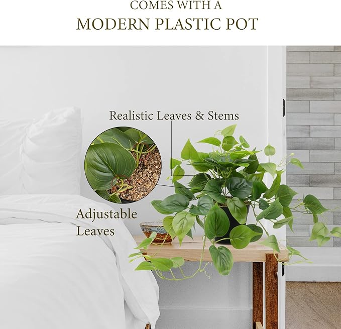 LOYWREE Faux Pothos Indoor Green Realistic Artificial Potted Plants Fake Plant Greenery for Home Office Garden Decoration - Black Pot