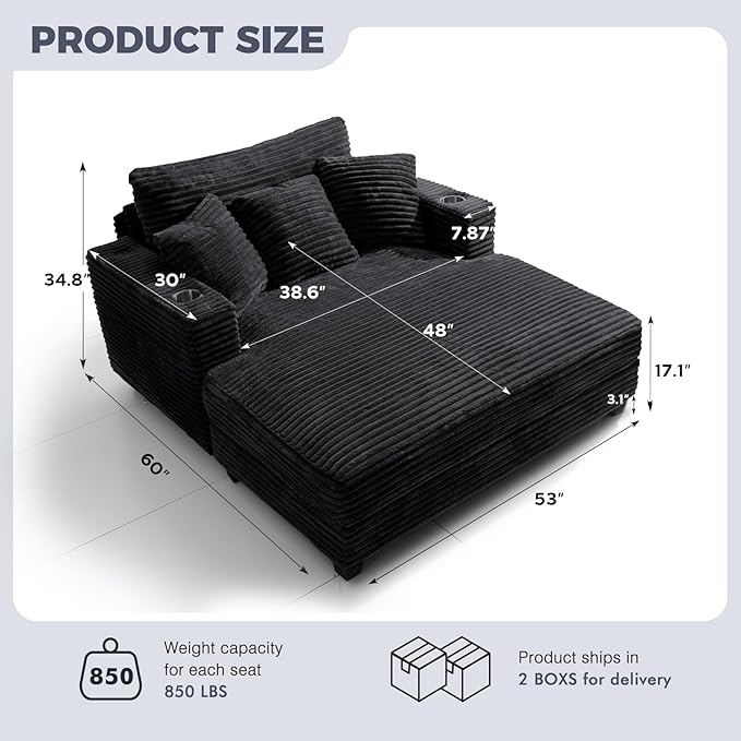 HUSFU 60'' Oversized Chaise Lounge Chair, Upholstered Sofa Bed, Sleeper Couch Reading Chairs with USB Port and Cup Holders,Comfy Cloud Sofas Couches for Living Room,Black