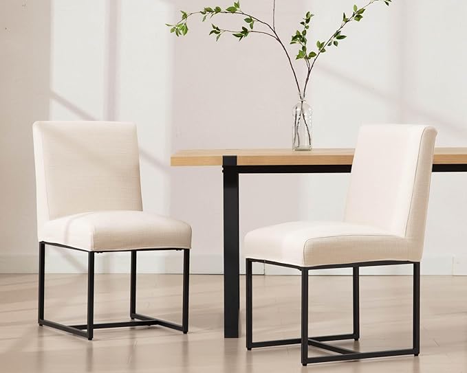 VESCASA Upholstered Dining Chairs Set of 2 with Removable Chair Cover, Mid Century Modern Padded Chair with Black Metal Frame for Restaurant, Dining Room, Kitchen, Linen Cream