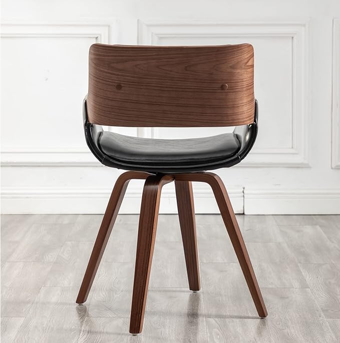 LUNLING Swivel Accent Faux Leather Dining Chairs Set of 2, Mid Century Modern Chairs with Wooden Legs/Armrest/Upholstered Seat/Adjustable Foots for Kitchen Dining Room Desk Chairs,Black…