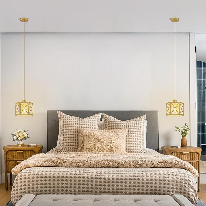 2 Pack Gold Pendant Lights, Modern Farmhouse Hanging Light Fixture with Hexagonal Cage, Vintage Brass Metal Ceiling Lights, Adjustable Lantern Pendant Lighting for Kitchen Island Sink Hallway