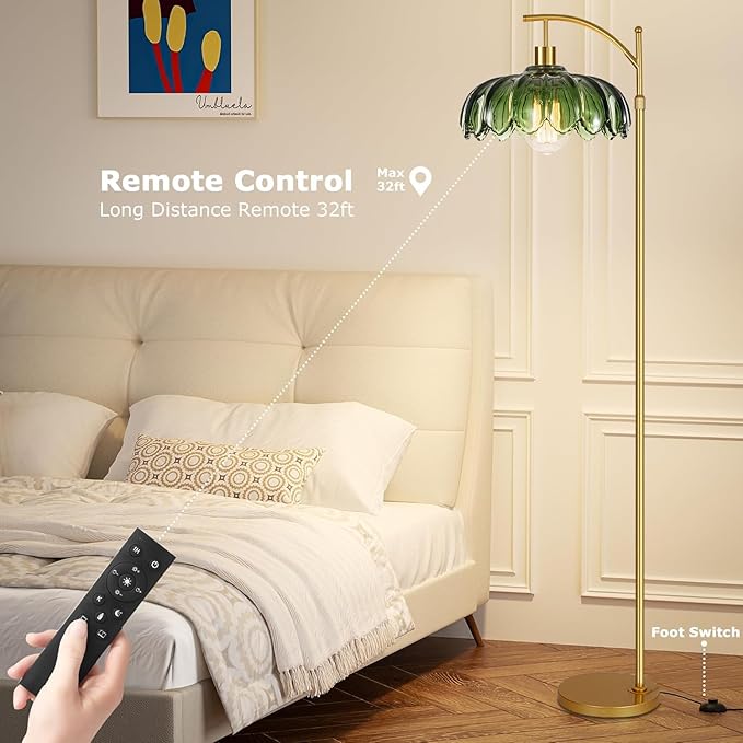 Gold Floor Lamp for Living Room,Bedroom,Mid Century Modern Standing Lamp with Remote,Dimmable Brass Tall Lamp Vintage Retro Green Glass Arc Floor Flower Floor Light Boho Bohemian
