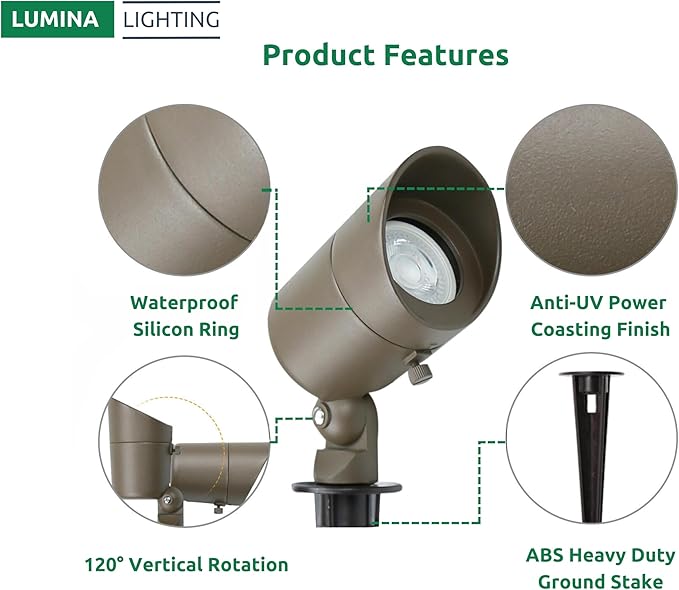 Lumina Lighting® 4W Landscape Lighting 12V Landscape Lights Low Voltage Landscape Spotlights Warm White Waterproof Outdoor Replaceable LED Bulb for Garden, Lawn, Porch, Patio and Yard(Bronze, 2-Pack)