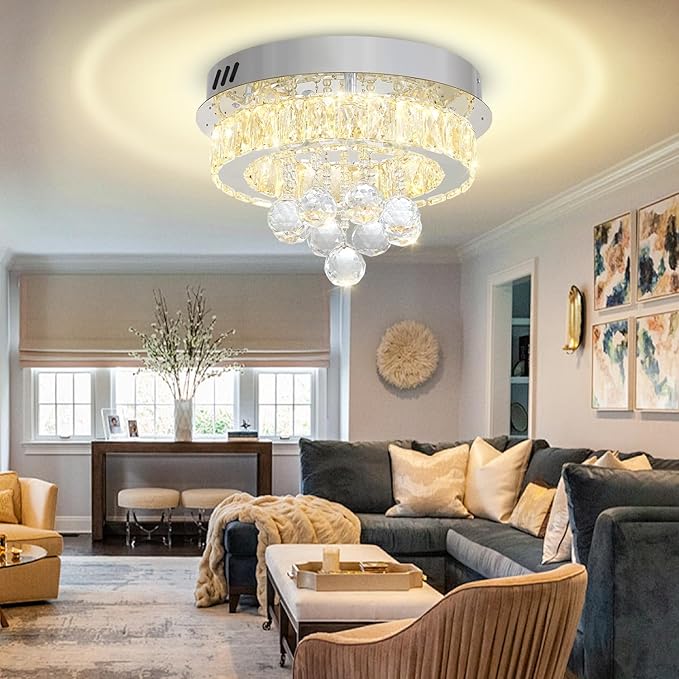 Flashing God 12" Modern Crystal Chandeliers Flush Mount Ceiling Light Silver Chandelier for Hallway LED Dimmable Light Fixture for Dining Room Living Room Bedroom