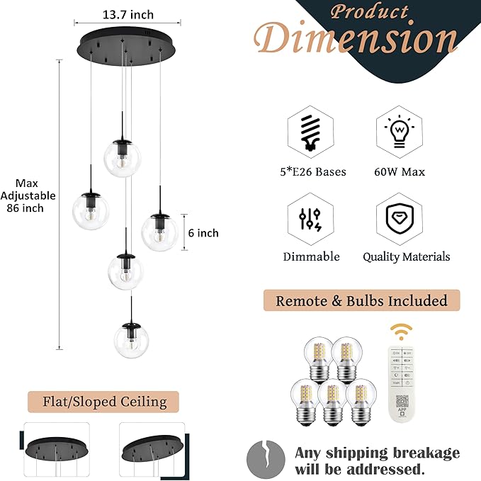 KoKo&Yukina 5-Light Globe Glass Pendant Light Adjustable Length Pendant Lights Modern Black Clear Globe Glass Chandelier High Ceiling Lights Fixtures for Foyer Staircase Entryway (Bulb & Remote Incl)