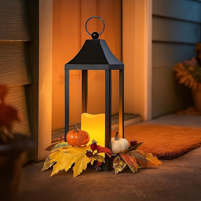 Bdor 2 Pack Fall Lantern Decor with LED Candle – 15.7 Inch Harvest Pumpkin Maple Leaf Hanging Lantern for Autumn Thanksgiving Table Centerpiece Indoor Outdoor Decoration, Battery Operated