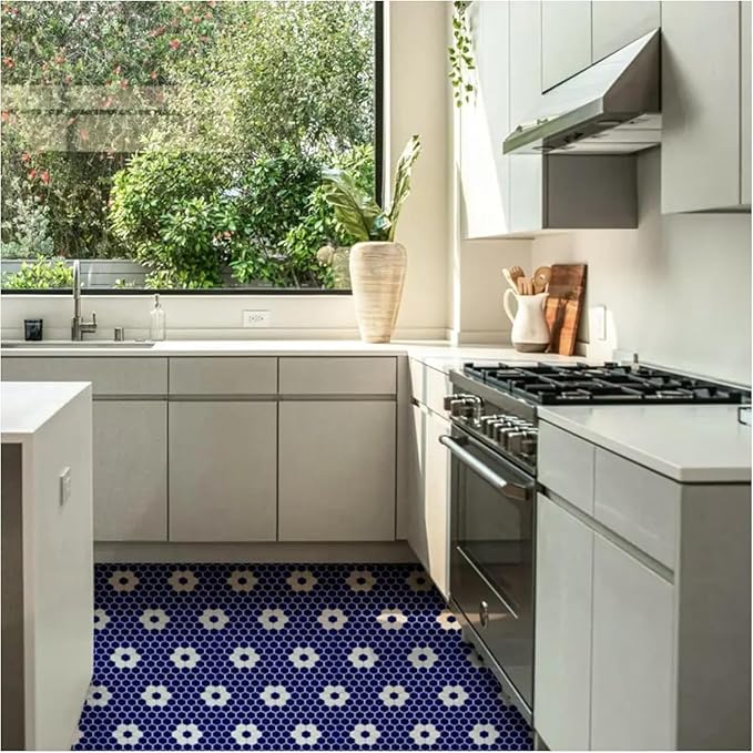 Tenedos Hexagon Glossy Cobalt Blue Flower Porcelain Mosaic Tile – Kitchen Backsplash, Bathroom Wall & Shower Floor Tile (5 Sheets)