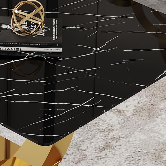 63” Dining Room Table Set for 6,Modern Gold Dining Table Set for 6, Rectangle kitchen Table Set With PU Leather Chairs,Black Faux Marble Dinner Table Set with Tempered Glass Top and Golden Base