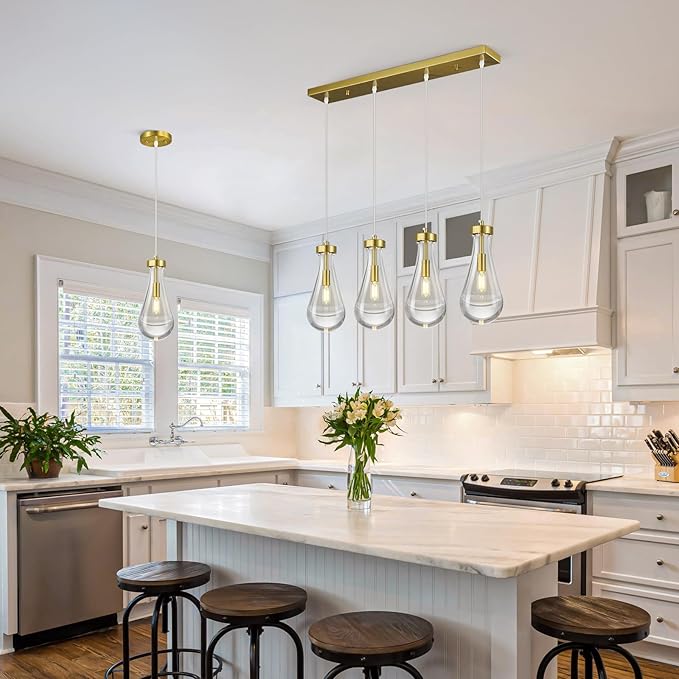 Raindrop Pendant Lights Kitchen Island Teardrop Gold Hanging Light Fixtures Clear Solid Glass Pendant Light Modern Chandeliers for Dining Room Porch Corridor Living Room(Long Plate-4 Lights)
