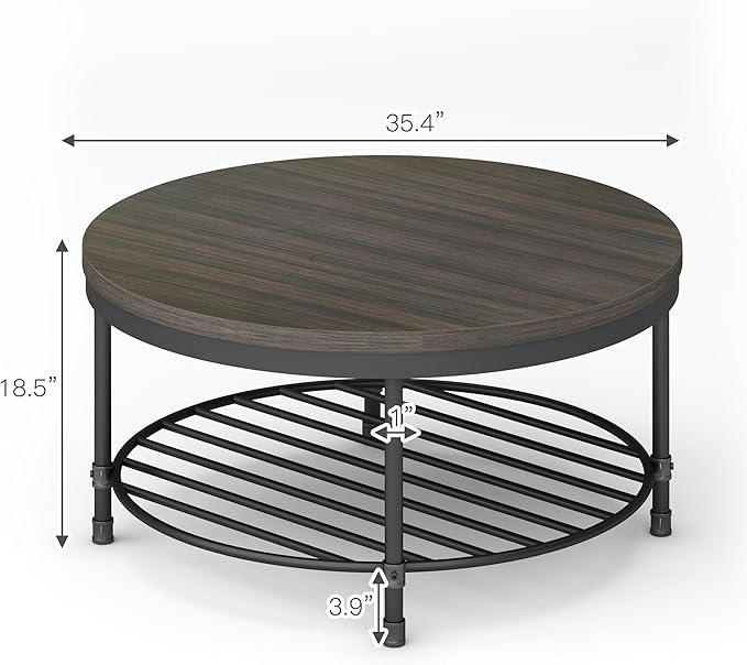 NSdirect 36" Round Coffee Table with Storage Shelf, Dark Grey Brown Vintage Wood Top & Metal Legs - 18.5" Height End Table for Small Spaces (Dark Grey Brown)