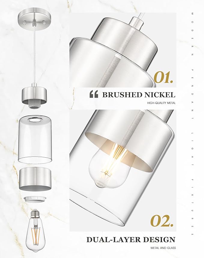 Pendant Lights Kitchen Island, Brushed Nickel Dual Shade Hanging Lights Fixtures with Metal and Clear Glass, Modern Kitchen Pendant Lighting Over Island for Dining Room, AD-24022-1P-SN