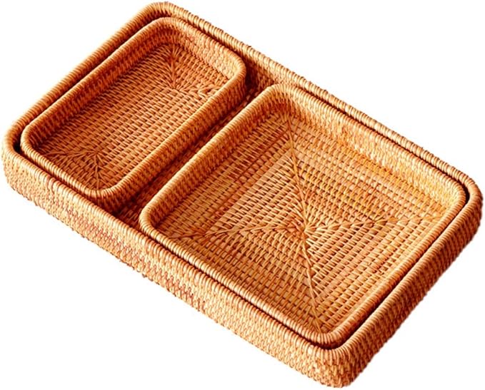i-lan Set of 3 15" Rattan Woven Serving Tray Basket with MOP Wooden Base and Handles, Boho Wicker Coffee Table Décor Serving Tray with 2 Inch Wall, Handmade Display Basket for Everywhere