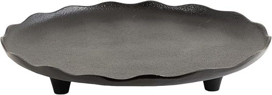 Kate and Laurel Alessia Modern Decorative Scalloped Round Footed Metal Tray; 16 Inch Diameter; Black; Transitional Food-Safe Cast Aluminum Pedestal Tray with Rough Texture and Deckled Edge