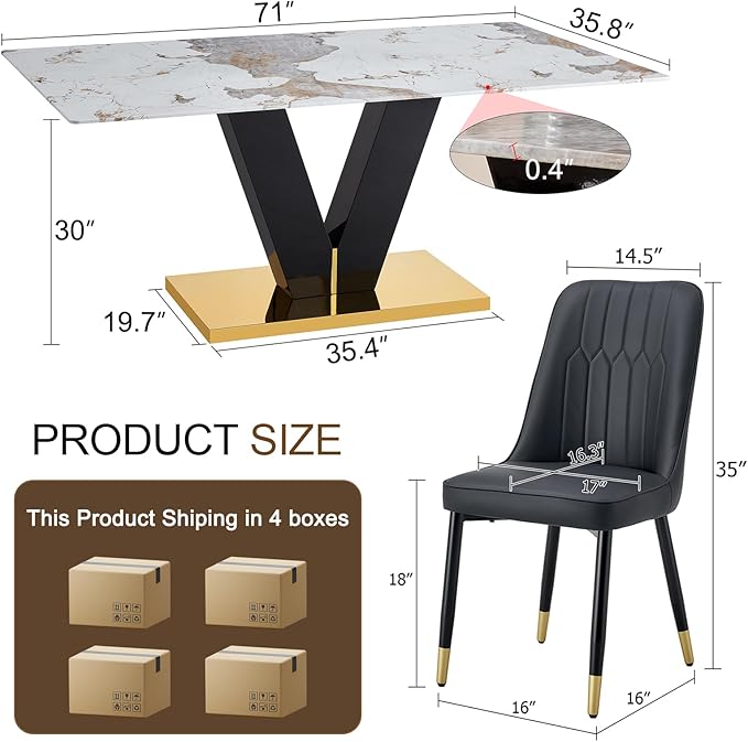 71'' Dining Table Set for 8,Marble Dining Table Set,Modern Kitchen Table with 8 PU Leather Chairs,Gold Dining Room Table Set with V-Shaped Black Glossy Pillars,Ideal for Kitchen Dining Room