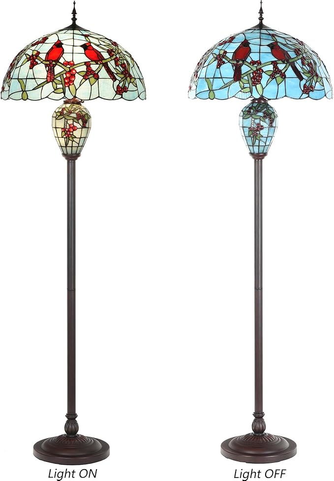 Bieye L10894 Red Cardinals on Holly Branches Tiffany Style Stained Glass Floor Lamp with 20-inch Wide Lampshade, Double-Lit, 64-inch Tall