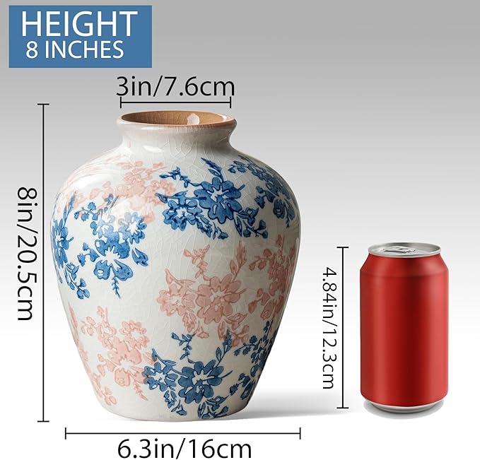 Pink Blue and White Vase, 8 Inch Vintage Chinoiserie Ceramic Vase, Rustic Flower Vases Decorative Antique Vases for Home Decor, Retro Ice Cracked Porcelain Farmhouse Table Centerpieces Decor