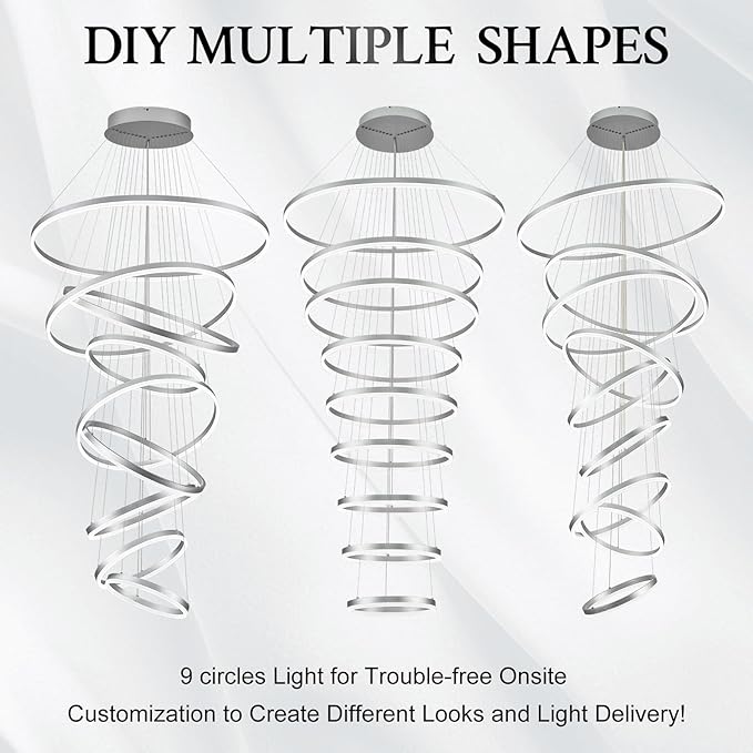 9-Rings D39.4’’ Modern LED Chandelier Silver Dimmable High Ceiling Foyer Chandeliers Entryway with Remote Control for Staircase Entryway Living Room Foyer, 3000K-6500K