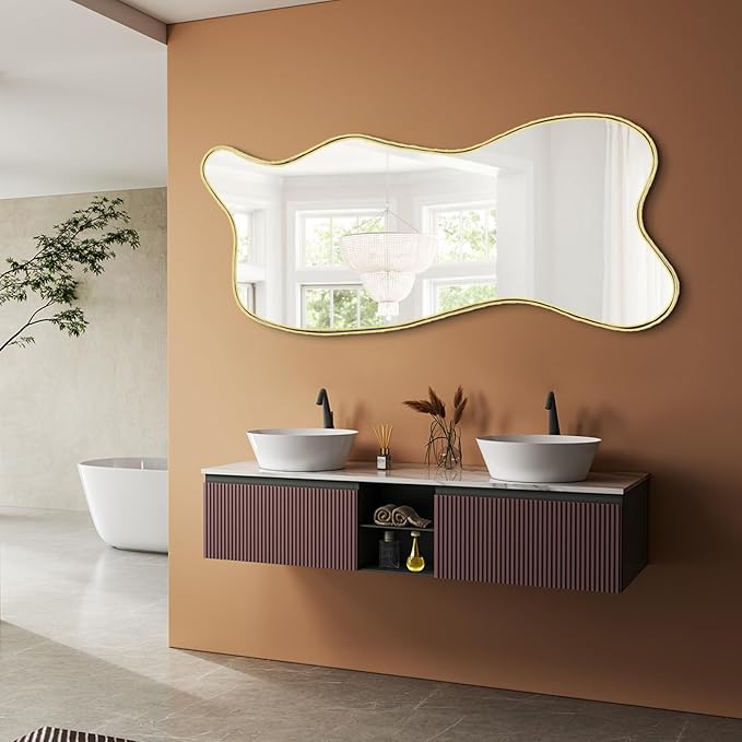 Large Gold Irregular Mirror, Asymmetrical Mirrors Full Length, 59.8"x23.6" Standing Floor for Dressing, Metal Frame Waved Shaped Mirror for Living Room Bathroom Bedroom Hallway Entryway