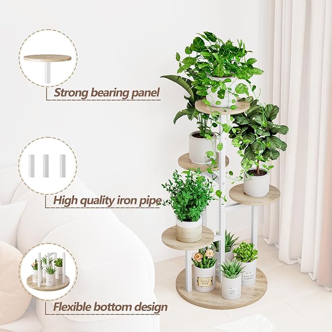 Plant Stand Indoor 5 Tier 8 Potted Multiple Flower Pot Holder for Patio Garden Balcony Living Room Corner (5 Tier White+Sonoma Oak)