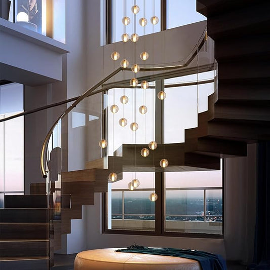 25 Lights Nickel Staircase Chandelier for High Ceiling, Dimmable Modern Crystal Raindrop Large Long Hanging Pendant Light for Stairwell Living Room Stair Foyer, Bulbs Included