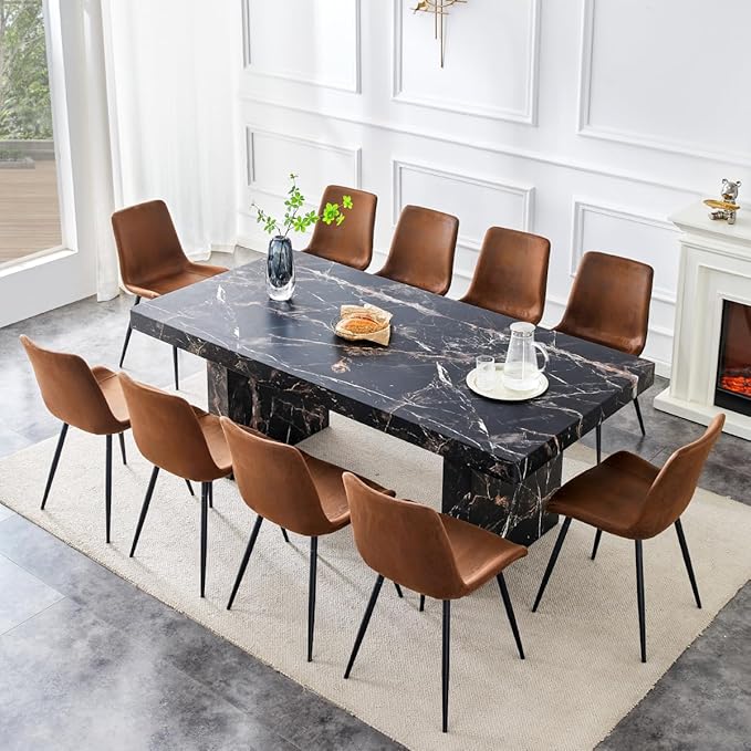 79" Marble Dining Table Set｜Modern Dining Table Set with 10 Suede Chairs｜Engineered Wood with Marble Pattern Tabletop｜Widened and Stable Tablelegs｜Easy Assembly