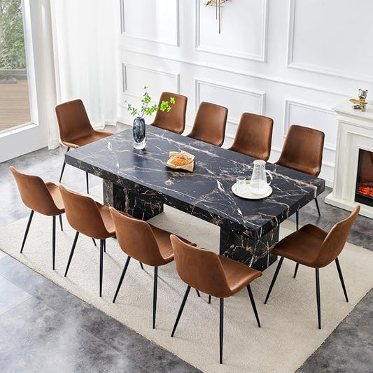79" Marble Dining Table Set｜Modern Dining Table Set with 10 Suede Chairs｜Engineered Wood with Marble Pattern Tabletop｜Widened and Stable Tablelegs｜Easy Assembly