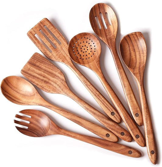 Gudamaye 13 inch Long Wooden Utensils for Cooking, Long Handle Wooden Spoons for Cooking, 7 PCES Crafting Wooden Spoon Set, Wooden Kitchen Utensil set, Natural Teak Wooden utensil Set