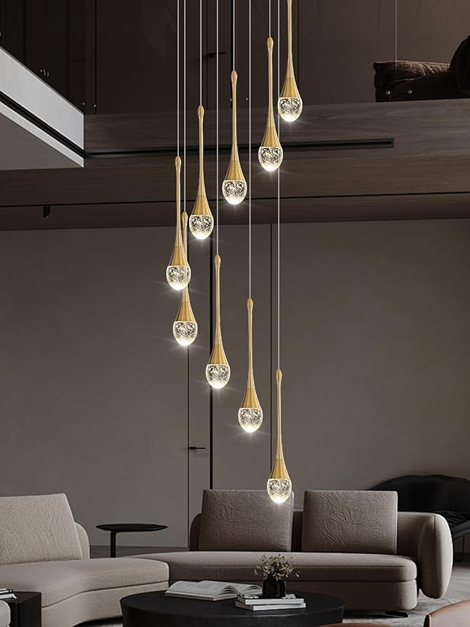 H100'' Modern Chandelier 9-Lights Gold Foyer Entrance Chandeliers High Ceiling Chandelier LED Dimmable 2700-6000K Fixtures