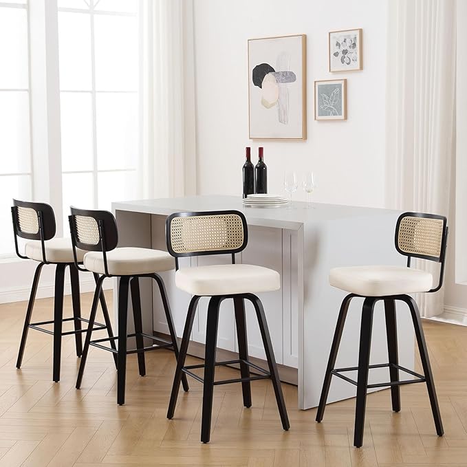 Swivel Counter Height Bar Stools Set of 4, Upholstered Faux Leather Barstools with Rattan Back, 26" Seat Height Bar Chairs Island Stools for Kitchen Counter, Black Wood Frame, Cream White