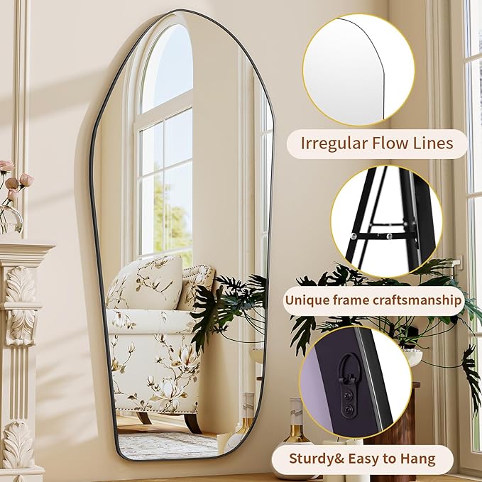 BEAUTYPEAK Full Length Dress Mirror - Floor Mirror 76"x34" Irregular Diamond Shape Aluminum Frame, Standing or Hanging Mirror for Bedroom Living Room Entryway, Black