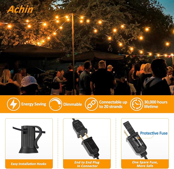 Achin 200FT Outdoor String Lights G40 Globe Patio Lights Waterproof Outdoor Hanging Lights with 104 Shatterproof LED Bulbs Dimmable String Lights for Outside Bistro Backyard Market, 100FT x 2Pack
