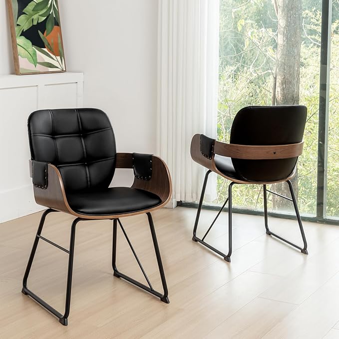 Set of 2 Kitchen & Dining Room Chairs - Mid Century Modern Chairs with Upholstered Seat, Cushion Arm, High Back, Metal Legs Walnut Dining Chairs for Kitchen/Living Room (Modern Black)