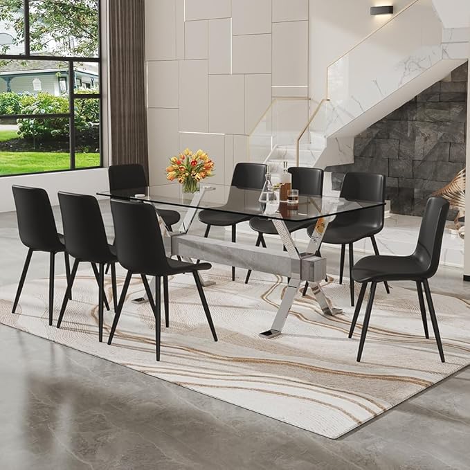 71'' Glass Dining Table Set for 8,9 Piece Dining Table Set with Tempered Glass Tabletop and Open‑Frame X‑Shaped Metal Base,Kitchen Table and Chairs Ideal for Dining Room&Home Office